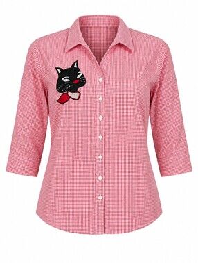 Las Olas Vintage Cottagecore Retro Kitsch Whimsical Novelty Gingham Cat Shirt XL